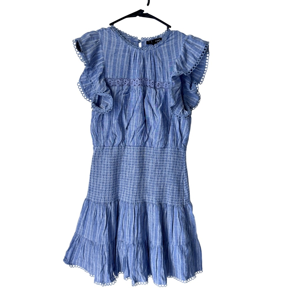 Aqua Blue White Striped Smocked Mini Dress Ruffle Crochet Lace Size M